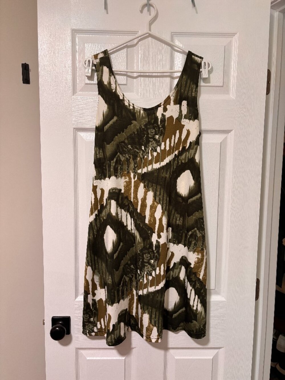 Vintage Abstract Olive Green Sleeveless Dress | Retro 90s Midi Dress (Large)